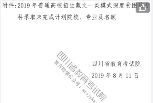 2019年四川高考藏文一类模式深度贫困县专科录取未完成院校、及名额