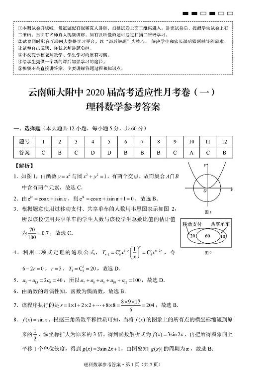 2020届云南师大附中高三高考适应性月考试卷理科数学及答案