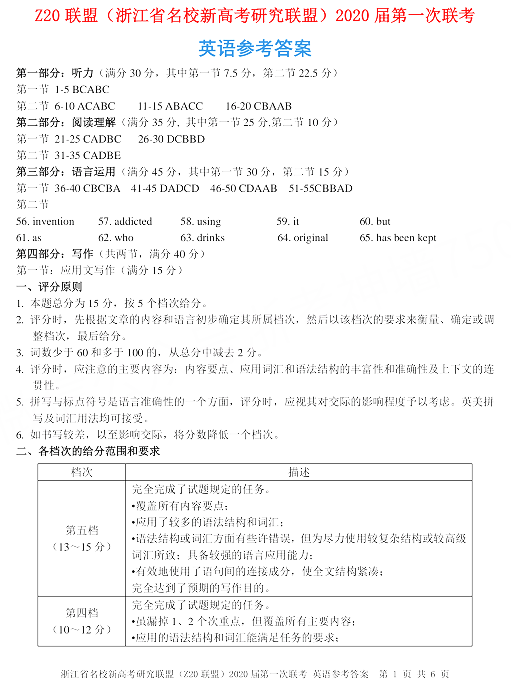 z20联盟|2020届Z20学校联盟高三第一次联考英语、技术和生物试题答案！