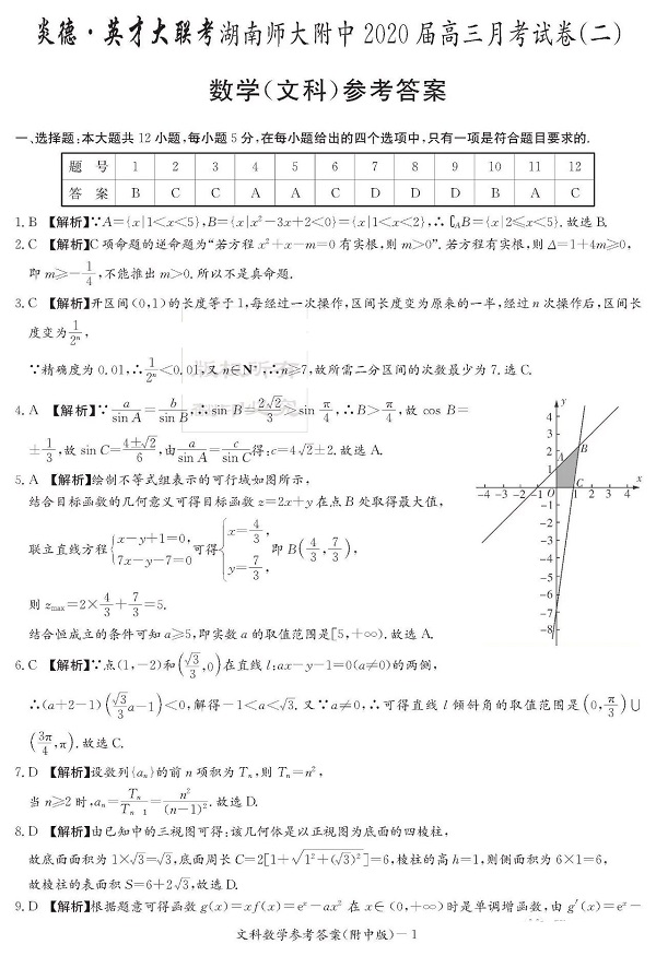 (文科数学)2020届湖南师大附中高三月考数学试卷(二)及参考答案