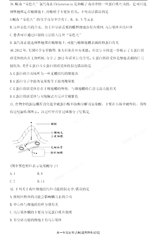 师大附中2019-2020年上学期高一期中考试生物试卷及答案(免费)