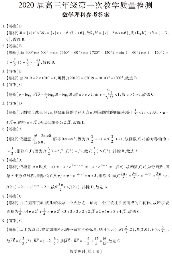 (理科)2020届广东省高三年级第一次数学质量检测及详细答案解读!