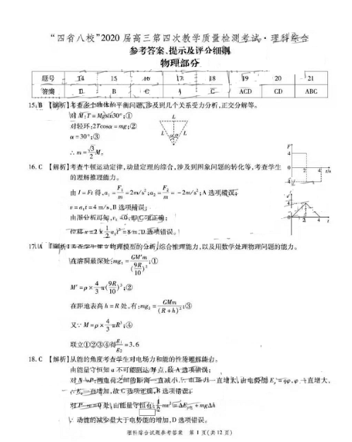 2020“四省八校”高三第四次期末教学质检理综试题！附带参考答案！