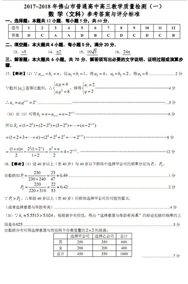 佛山一模 2018年佛山市普通高中高三教学质量检测文科数学参考答案